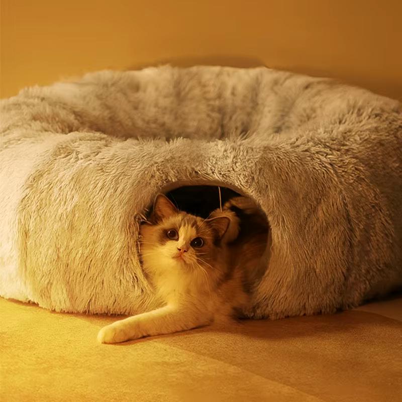 Plush Pets Cat Kennel Gray Foldable round Cats Nest Crossing Tunnel Bed Winter Warm Collapsible Basket Cushion Mat Pet Supplies Does not apply