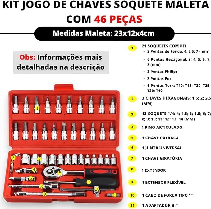 Kit de ferramentas 46 peças chave de catraca reversível com jogo de soquete para manutenção e reparo