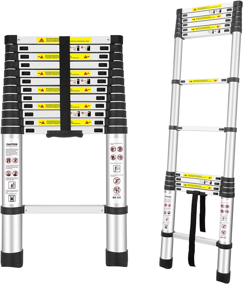 Telescoping Ladders, (12.5Ft/3.8M) EN131 Standards Aluminum Extension Ladder, Extension for RV, Attics, Families, Outdoor Work, with a Maximum Bearing Capacity of 330Lbs