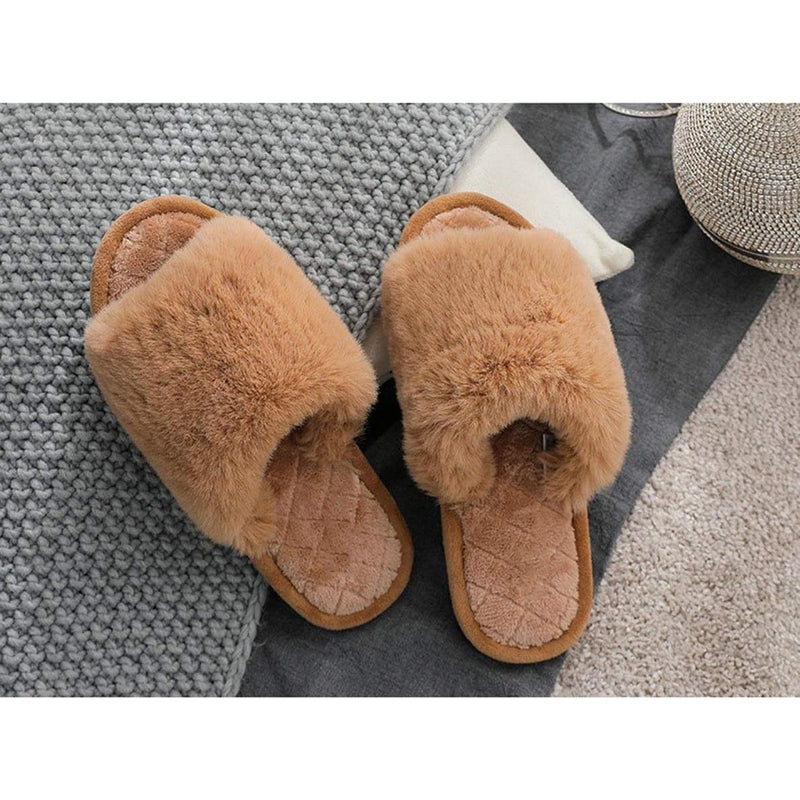 HUMIWA Women'S Fuzzy Fur Flat Slippers Soft Open Toe House Slippers Memory Foam Sandals Slides Home Slippers for Girls Men Indoor Outdoor HUMIWA