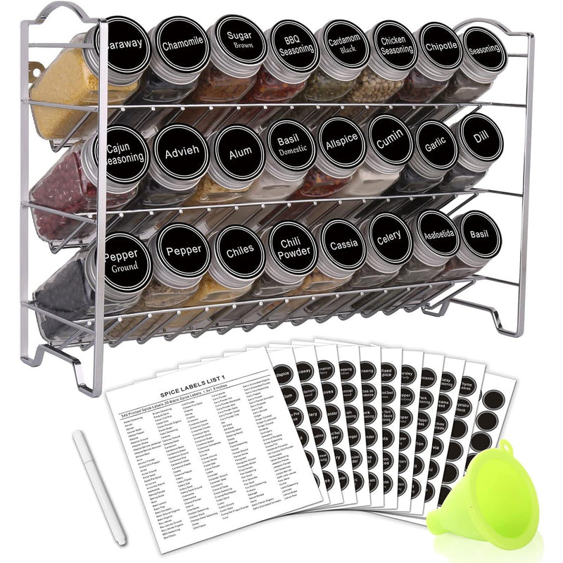 SWOMMOLY Spice Rack Organizer with 24 Empty Glass Spice Jars, 396 Spice Labels with Chalk Marker and Funnel Complete Set, for Countertop, Cabinet or Wall Mount, Silver SWOMMOLY