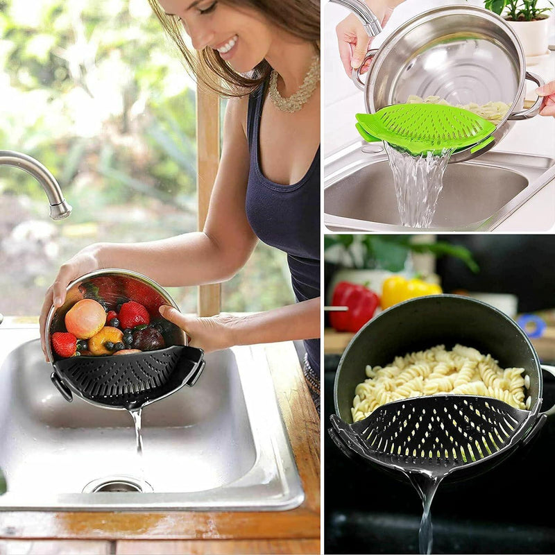 2 Pcs Clip on Strainer, Pot Strainer for Pasta Meat Vegetables Fruit, Silicone Strainer - Fit All Pots Bowls. Qiunizadila