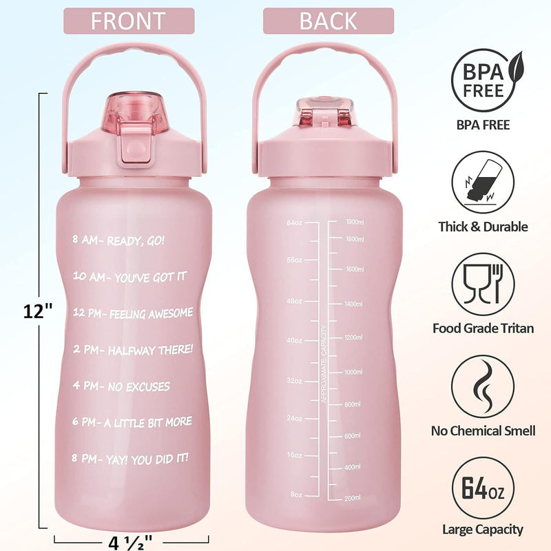 Fimibuke Half Gallon Water Bottle with Sleeve 64 OZ Water Bottle with Straw & Time Marker to Drink Leakproof Motivational Water Jug with Insulated Holder for Women Men Workout Gym Sport Fimibuke