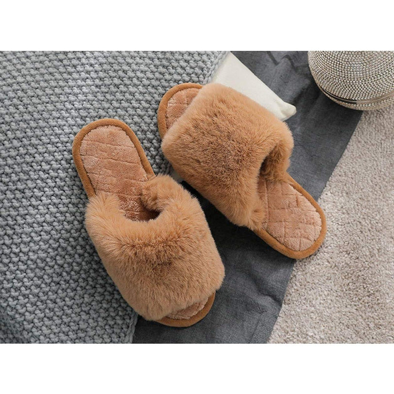 HUMIWA Women'S Fuzzy Fur Flat Slippers Soft Open Toe House Slippers Memory Foam Sandals Slides Home Slippers for Girls Men Indoor Outdoor HUMIWA