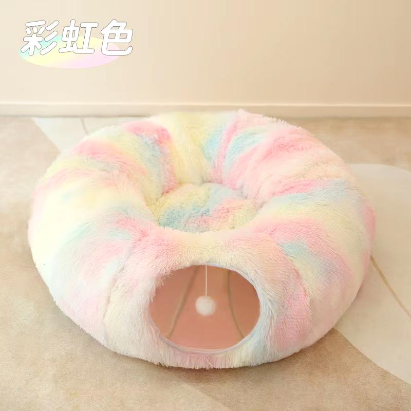 Plush Pets Cat Kennel Gray Foldable round Cats Nest Crossing Tunnel Bed Winter Warm Collapsible Basket Cushion Mat Pet Supplies Does not apply