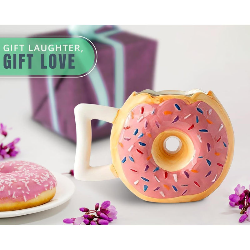 Ceramic Donut Mug - Delicious Pink Glaze Doughnut with Sprinkles - Funny "MMM... Donuts!" Quote - Best Cup for Coffee, Tea, Hot Chocolate and More - Large 14 Oz - Funny Coffee Mug Gift - Pink Comfify