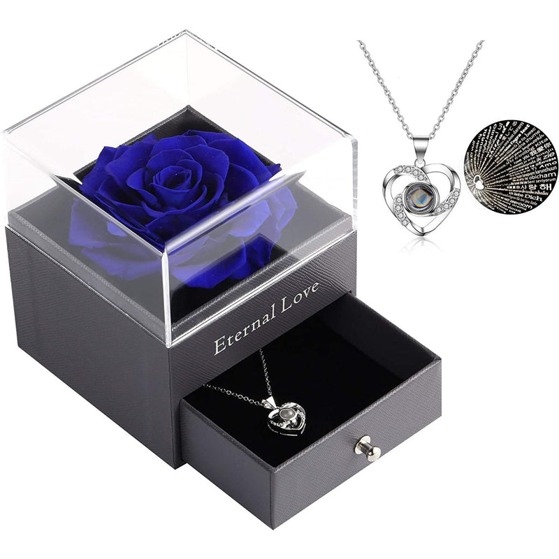 Ocosy Mothers Day Flower Gifts for Her, Preserved Real Flower Rose with Silver-Tone Heart Necklace I Love You in 100 Languages Gift Set, Enchanted Flower Rose Gifts, Blue Ocosy