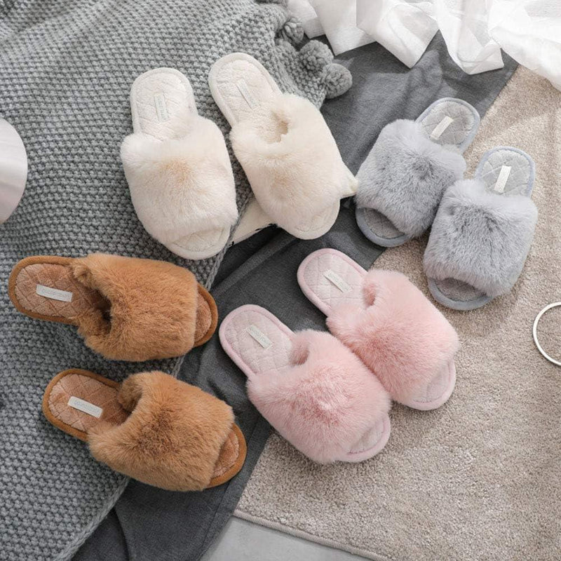 HUMIWA Women'S Fuzzy Fur Flat Slippers Soft Open Toe House Slippers Memory Foam Sandals Slides Home Slippers for Girls Men Indoor Outdoor HUMIWA