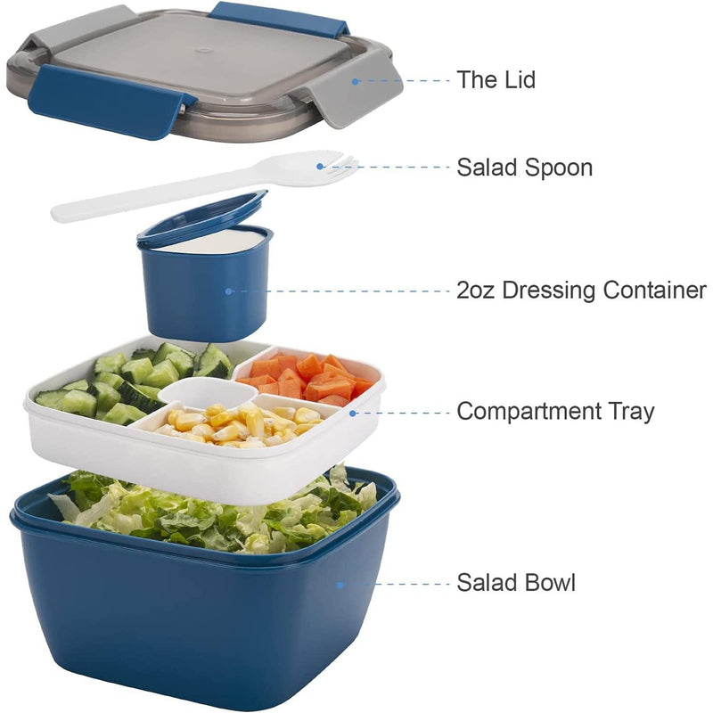 Freshmage Salad Lunch Container to Go, 52-Oz Salad Bowls with 3 Compartments, Salad Dressings Container for Salad Toppings, Snacks, Men, Women (Blue) Freshmage