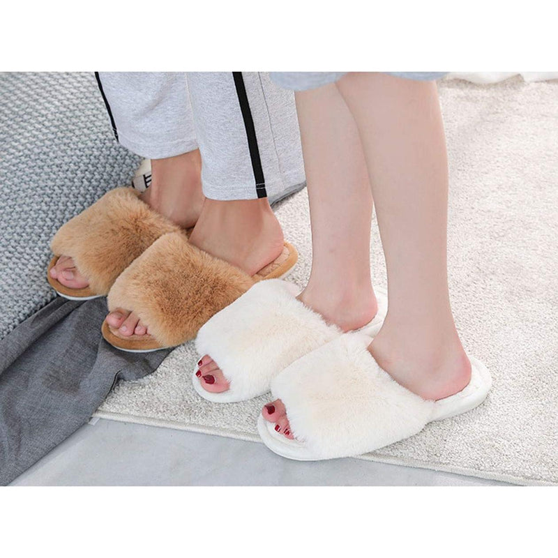 HUMIWA Women'S Fuzzy Fur Flat Slippers Soft Open Toe House Slippers Memory Foam Sandals Slides Home Slippers for Girls Men Indoor Outdoor HUMIWA