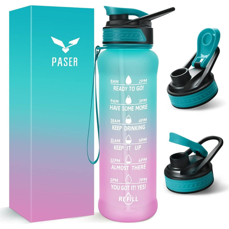 PASER 24/32 Oz Motivational Water Bottle with Time to Drink, Removable Straw & Time Marker, Tritan Bpa-Free, Flip Lid Fast Flow & Leak Proof Water Jug for School, Office, Fitness, Outdoor Sports… PASER