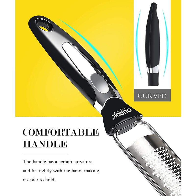 Ourokhome Kitchen Lemon Zester, Stainless Steel Hand Held Parmesan Cheese Grater for Ginger, Chocolate, Coconut, Lime, Nutmeg, Citrus, Fruit, Vegetable with Cleaning Brush, Dishwasher Safe, Black Ourokhome