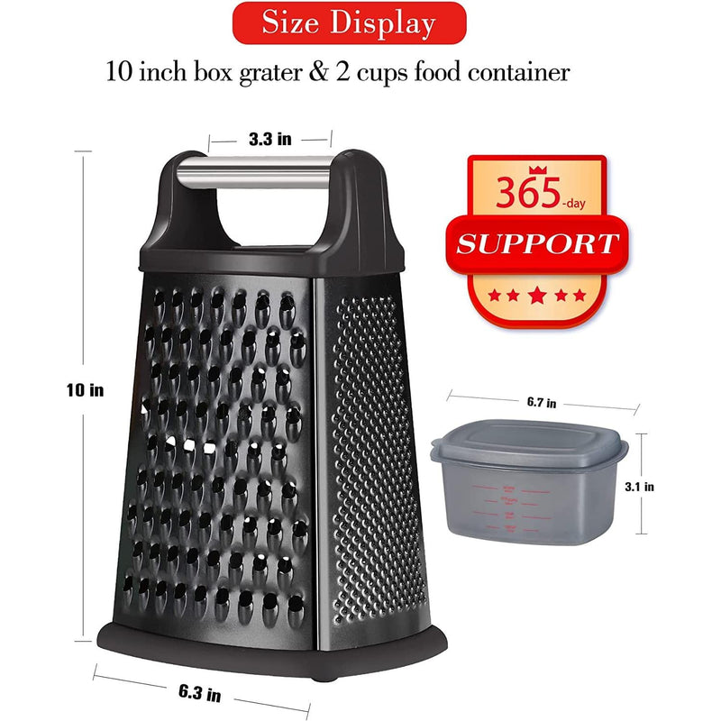 Ourokhome Cheese Grater with Handle, Stainless Steel Box Grater, 4 Side Kitchen Vegetable Shredder Slicer Zester with Container for Parmesan, Cabbage, Ginger, Lemon, Chocolate, Coconut,10 Inch (Black) Ourokhome