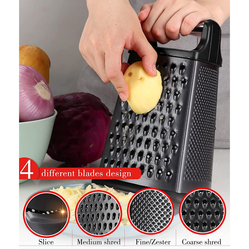 Ourokhome Cheese Grater with Handle, Stainless Steel Box Grater, 4 Side Kitchen Vegetable Shredder Slicer Zester with Container for Parmesan, Cabbage, Ginger, Lemon, Chocolate, Coconut,10 Inch (Black) Ourokhome